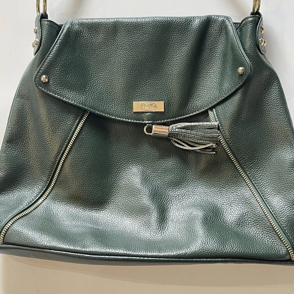 Onna Ehrlich Kelly Hobo Shoulder Bag Hunter Green Pebbled Leather Purse Tassel